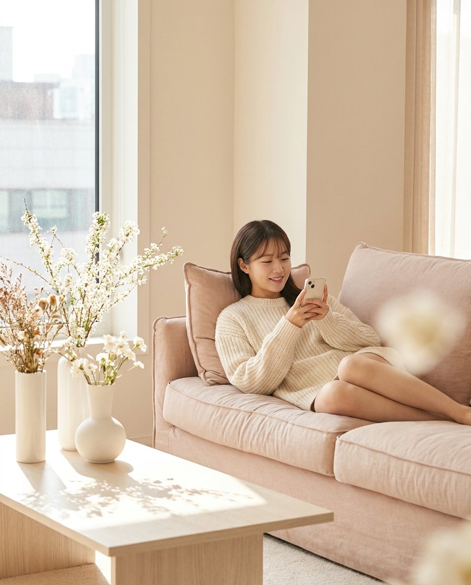 소파에서 청첩장을 만드는 예비 신부